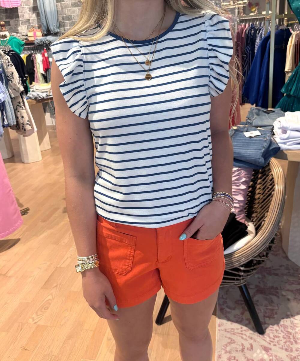 NEW ANOTHER LOVE north flutter sleeve tee in navy/white stripe